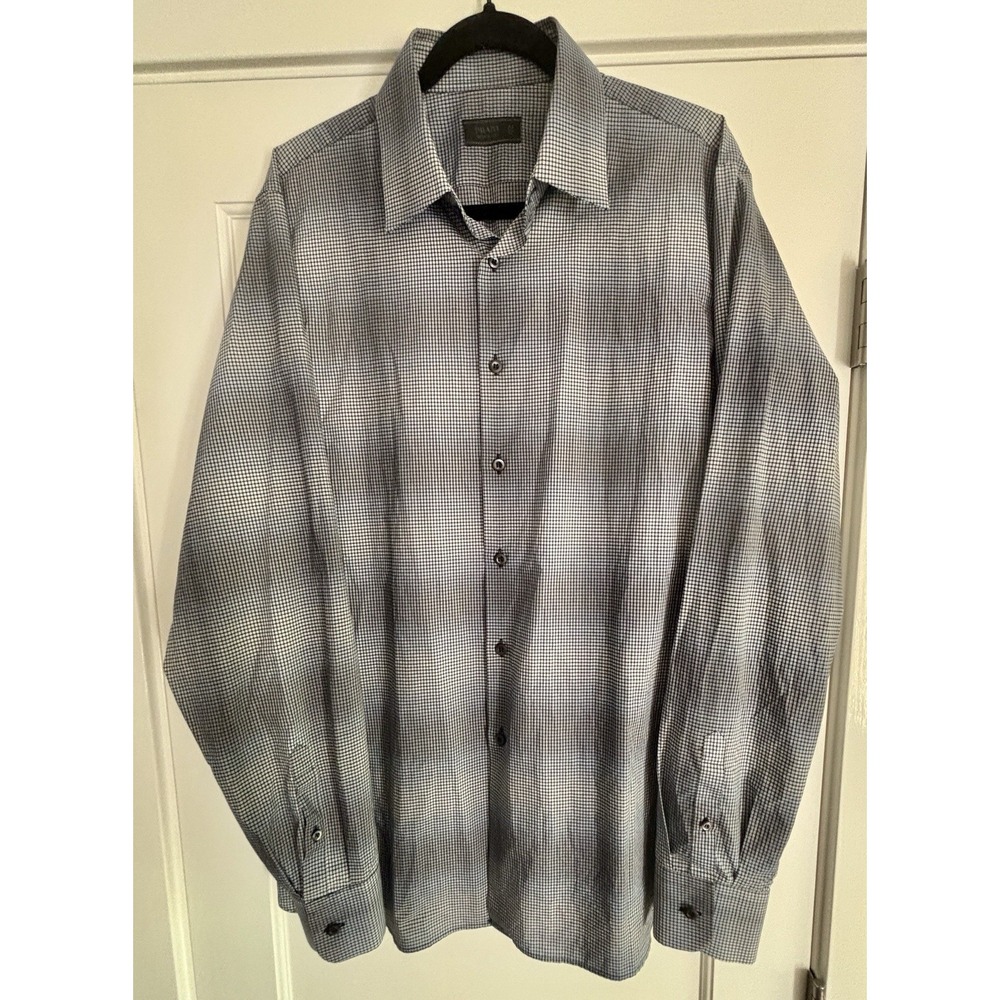 PRADA Mens 43/17 Dress Shirt Blue Check 100% Cotton Made in Italy Long Sleeve